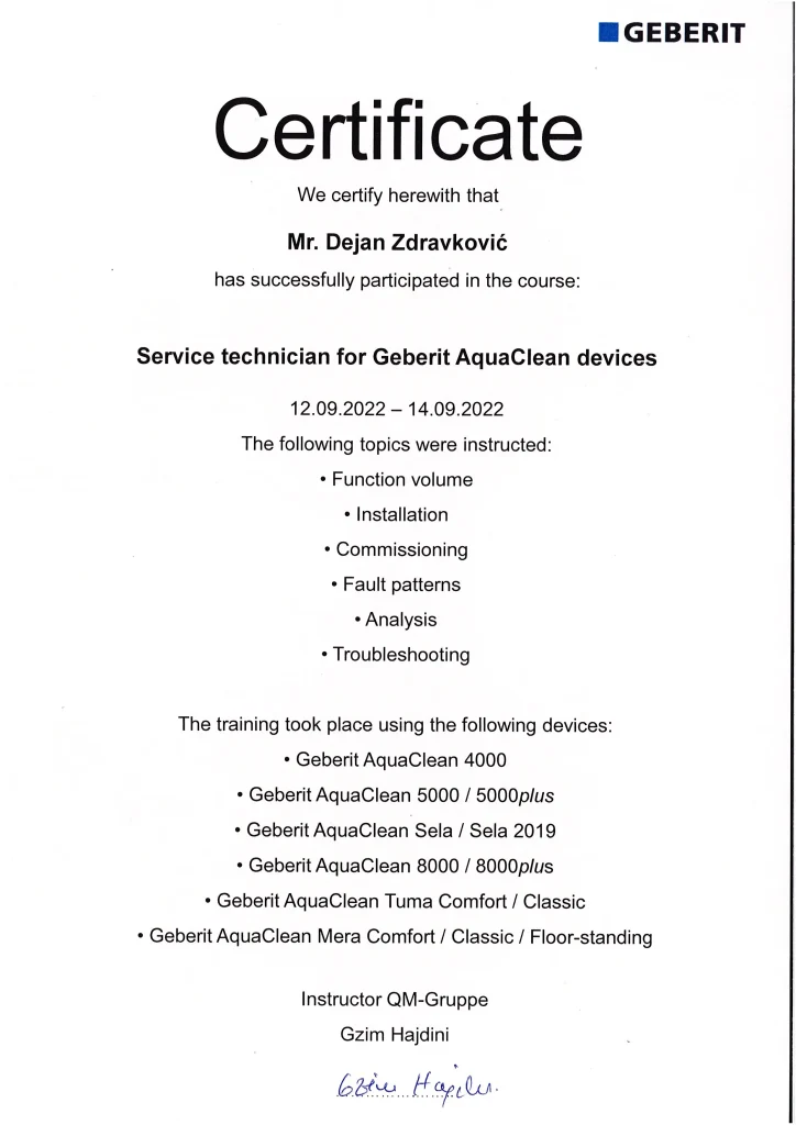 Geberit ovlasceni servis - sertifikat