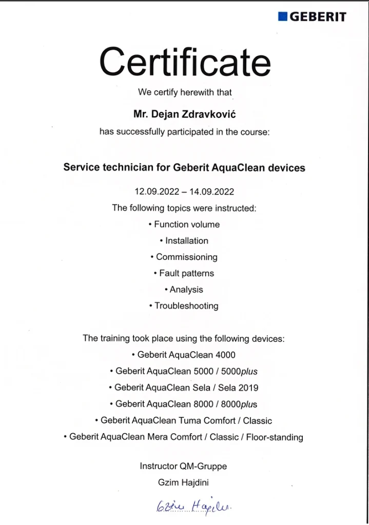 Sertifikat za ovlašćenog AquaClean instalatera i servisera
